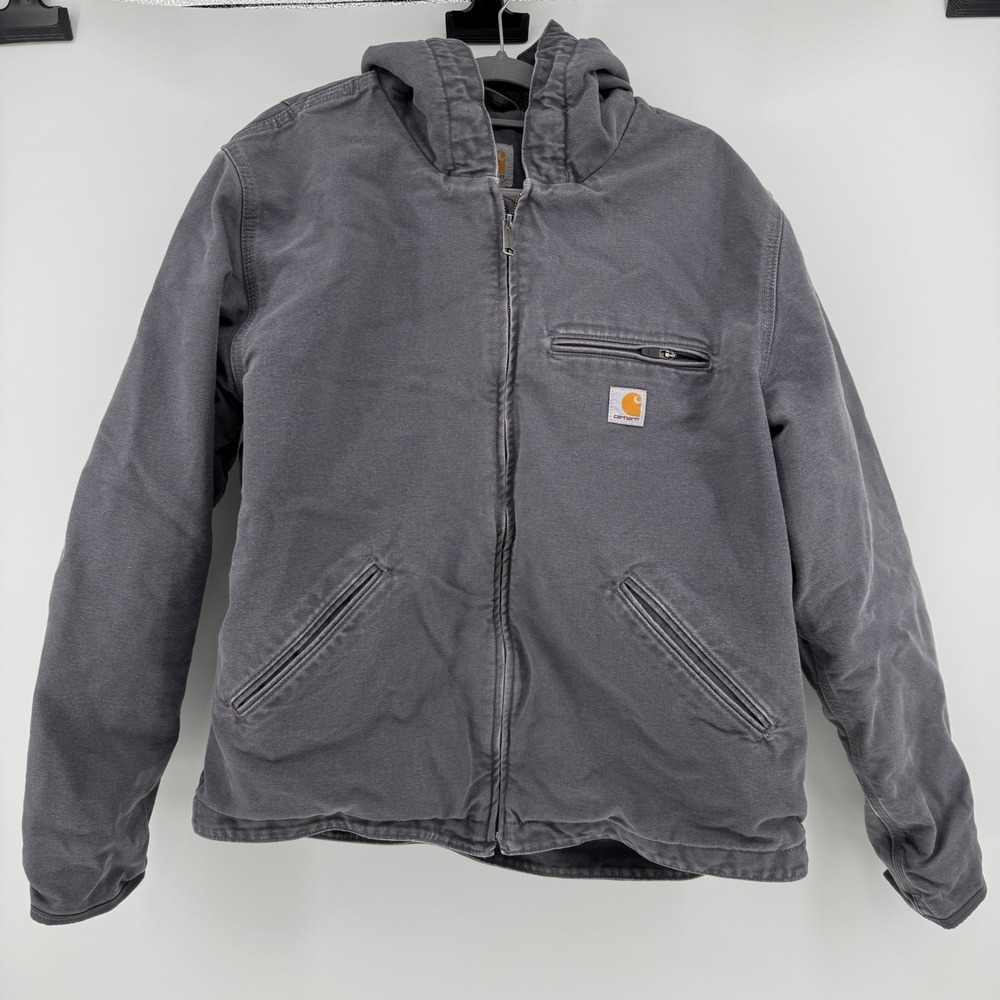 Carhartt Mens Grey Washed Duck Sierra Jacket Hooded Sherpa Lined Canvas
